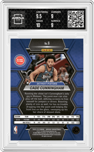 Cade Cunningham from the 2022-23 Panini Mosaic set graded by Arena Club and given an overall grade of 9.5.