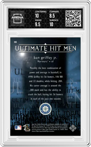 Ken Griffey Jr. from the 1999 Upper Deck Ultimate Victory set graded by Arena Club and given an overall grade of 9.