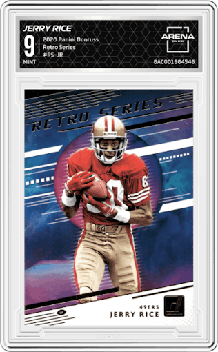 Jerry Rice from the 2020 Panini Donruss set graded by Arena Club and given an overall grade of 9.