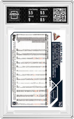 Albert Pujols from the 2023 Topps Chrome set graded by Arena Club and given an overall grade of 9.