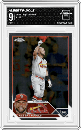 Albert Pujols from the 2023 Topps Chrome set graded by Arena Club and given an overall grade of 9.