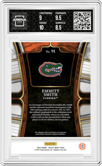 Emmitt Smith from the 2023 Panini Select Draft Picks set featuring a Blue Retail parallel graded by Arena Club and given an overall grade of 9.