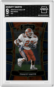 Emmitt Smith from the 2023 Panini Select Draft Picks set featuring a Blue Retail parallel graded by Arena Club and given an overall grade of 9.