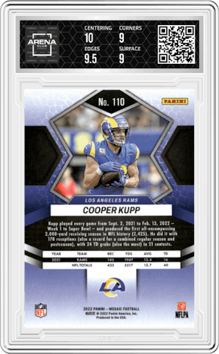 Cooper Kupp from the 2022 Panini Mosaic set graded by Arena Club and given an overall grade of 9.5.
