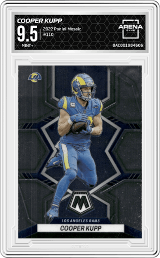 Cooper Kupp from the 2022 Panini Mosaic set graded by Arena Club and given an overall grade of 9.5.