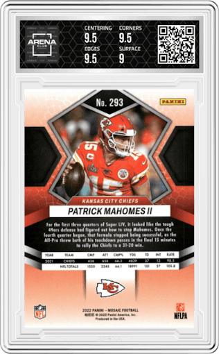 Patrick Mahomes II from the 2022 Panini Mosaic set graded by Arena Club and given an overall grade of 9.5.