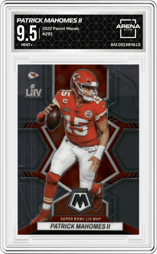 Patrick Mahomes II from the 2022 Panini Mosaic set graded by Arena Club and given an overall grade of 9.5.