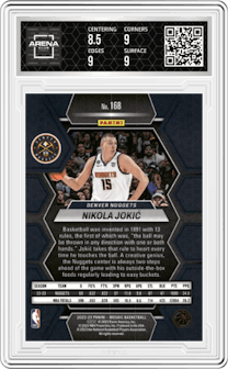 Nikola Jokic from the 2022-23 Panini Mosaic set graded by Arena Club and given an overall grade of 9.
