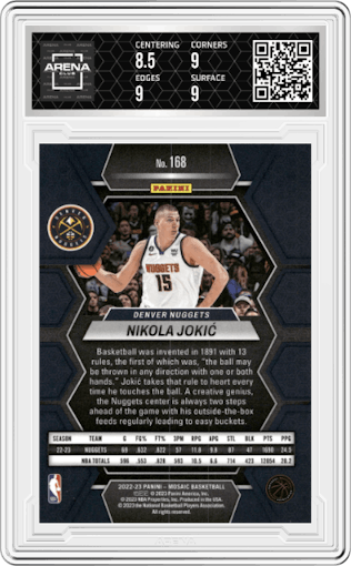 Nikola Jokic from the 2022-23 Panini Mosaic set graded by Arena Club and given an overall grade of 9.