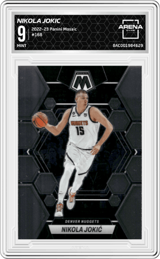 Nikola Jokic from the 2022-23 Panini Mosaic set graded by Arena Club and given an overall grade of 9.