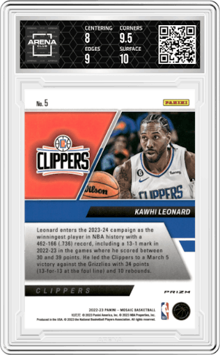 Kawhi Leonard from the 2022-23 Panini Mosaic set featuring a Mosaic parallel graded by Arena Club and given an overall grade of 8.5.