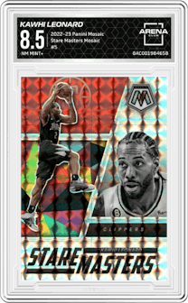 Kawhi Leonard from the 2022-23 Panini Mosaic set featuring a Mosaic parallel graded by Arena Club and given an overall grade of 8.5.