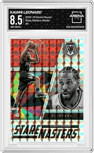 Kawhi Leonard from the 2022-23 Panini Mosaic set featuring a Mosaic parallel graded by Arena Club and given an overall grade of 8.5.