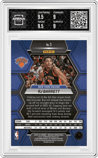 RJ Barrett from the 2022-23 Panini Mosaic set graded by Arena Club and given an overall grade of 9.5.