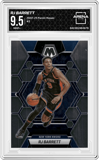 RJ Barrett from the 2022-23 Panini Mosaic set graded by Arena Club and given an overall grade of 9.5.