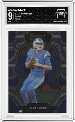 Jared Goff from the 2022 Panini Select set graded by Arena Club and given an overall grade of 9.