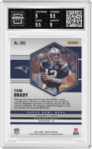 Tom Brady from the 2021 Panini Mosaic set graded by Arena Club and given an overall grade of 9.5.