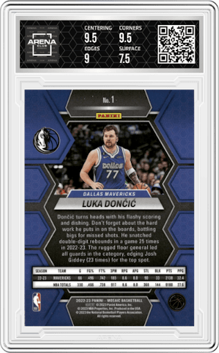 Luka Doncic from the 2022-23 Panini Mosaic set graded by Arena Club and given an overall grade of 8.