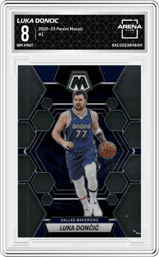 Luka Doncic from the 2022-23 Panini Mosaic set graded by Arena Club and given an overall grade of 8.