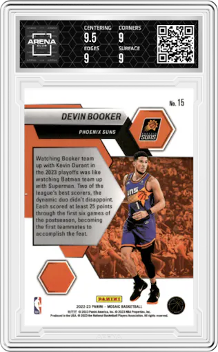 Devin Booker from the 2022-23 Panini Mosaic set graded by Arena Club and given an overall grade of 9.