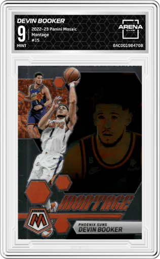 Devin Booker from the 2022-23 Panini Mosaic set graded by Arena Club and given an overall grade of 9.