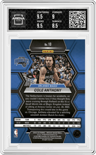 Cole Anthony from the 2022-23 Panini Mosaic set graded by Arena Club and given an overall grade of 9.