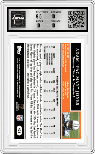 Adam "Pac Man" Jones  from the 2005 Topps set graded by Arena Club and given an overall grade of 10.