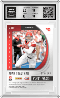Adam Trautman from the 2020 Panini Prizm Draft Picks set featuring a Neon Orange parallel graded by Arena Club and given an overall grade of 10.