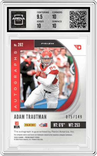 Adam Trautman from the 2020 Panini Prizm Draft Picks set featuring a Neon Orange parallel graded by Arena Club and given an overall grade of 10.