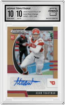 Adam Trautman from the 2020 Panini Prizm Draft Picks set featuring a Neon Orange parallel graded by Arena Club and given an overall grade of 10.