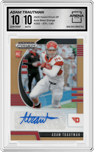 Adam Trautman from the 2020 Panini Prizm Draft Picks set featuring a Neon Orange parallel graded by Arena Club and given an overall grade of 10.