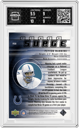 Peyton Manning from the 1999 Upper Deck MVP  set graded by Arena Club and given an overall grade of 9.5.