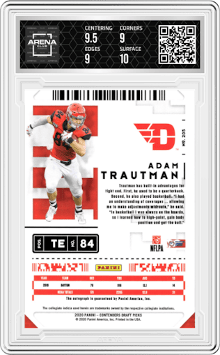 Adam Trautman from the 2020 Panini Contenders Draft Picks set featuring a Draft Ticket Blue Foil parallel graded by Arena Club and given an overall grade of 9.5.