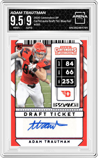 Adam Trautman from the 2020 Panini Contenders Draft Picks set featuring a Draft Ticket Blue Foil parallel graded by Arena Club and given an overall grade of 9.5.