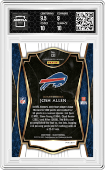 Josh Allen from the 2020 Panini Select set featuring a Silver Prizm parallel graded by Arena Club and given an overall grade of 9.5.