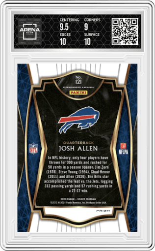 Josh Allen from the 2020 Panini Select set featuring a Silver Prizm parallel graded by Arena Club and given an overall grade of 9.5.