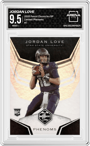 Jordan Love from the 2020 Panini Chronicles Draft Picks  set graded by Arena Club and given an overall grade of 9.5.
