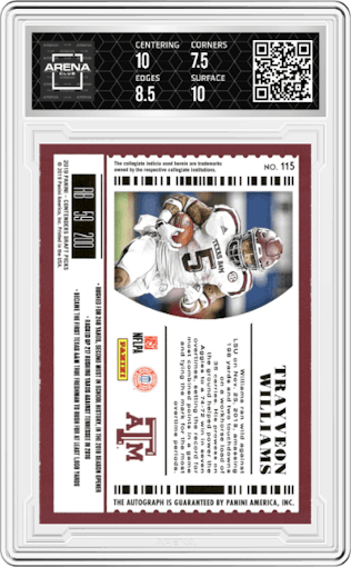 Trayveon Williams from the 2019 Panini Contenders Draft Picks set featuring a Draft Ticket Blue Foil parallel graded by Arena Club and given an overall grade of 8.