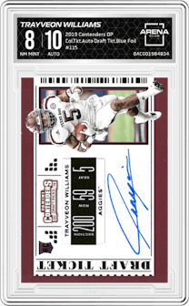 Trayveon Williams from the 2019 Panini Contenders Draft Picks set featuring a Draft Ticket Blue Foil parallel graded by Arena Club and given an overall grade of 8.
