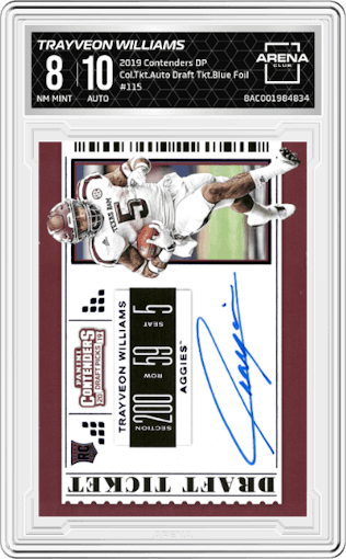 Trayveon Williams from the 2019 Panini Contenders Draft Picks set featuring a Draft Ticket Blue Foil parallel graded by Arena Club and given an overall grade of 8.