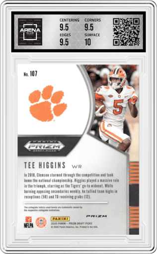 Tee Higgins from the 2020 Panini Prizm Draft Picks set featuring a Red Prizm parallel graded by Arena Club and given an overall grade of 10.