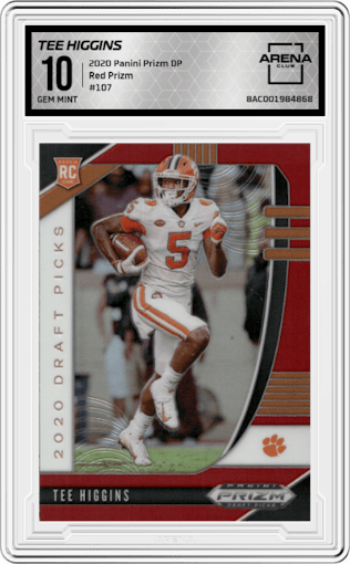 Tee Higgins from the 2020 Panini Prizm Draft Picks set featuring a Red Prizm parallel graded by Arena Club and given an overall grade of 10.