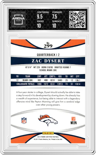 Zac Dysert from the 2013 Panini Certified set graded by Arena Club and given an overall grade of 8.