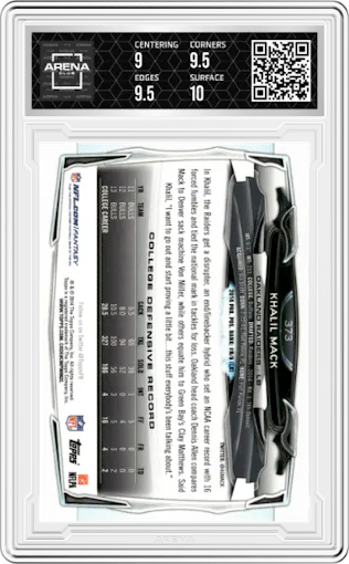 Khalil Mack from the 2014 Topps set graded by Arena Club and given an overall grade of 9.5.