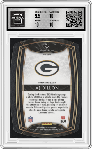 AJ Dillon from the 2020 Panini Select set featuring a Die-Cut Blue Prizm parallel graded by Arena Club and given an overall grade of 10.
