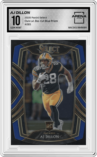 AJ Dillon from the 2020 Panini Select set featuring a Die-Cut Blue Prizm parallel graded by Arena Club and given an overall grade of 10.