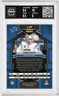 Jared Goff  from the 2023 Panini Mosaic set graded by Arena Club and given an overall grade of 9.5.