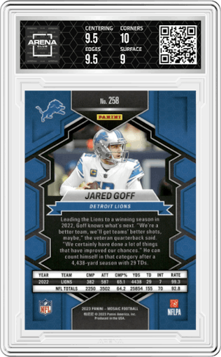 Jared Goff  from the 2023 Panini Mosaic set graded by Arena Club and given an overall grade of 9.5.