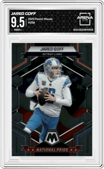 Jared Goff  from the 2023 Panini Mosaic set graded by Arena Club and given an overall grade of 9.5.