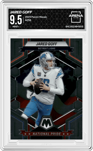 Jared Goff  from the 2023 Panini Mosaic set graded by Arena Club and given an overall grade of 9.5.